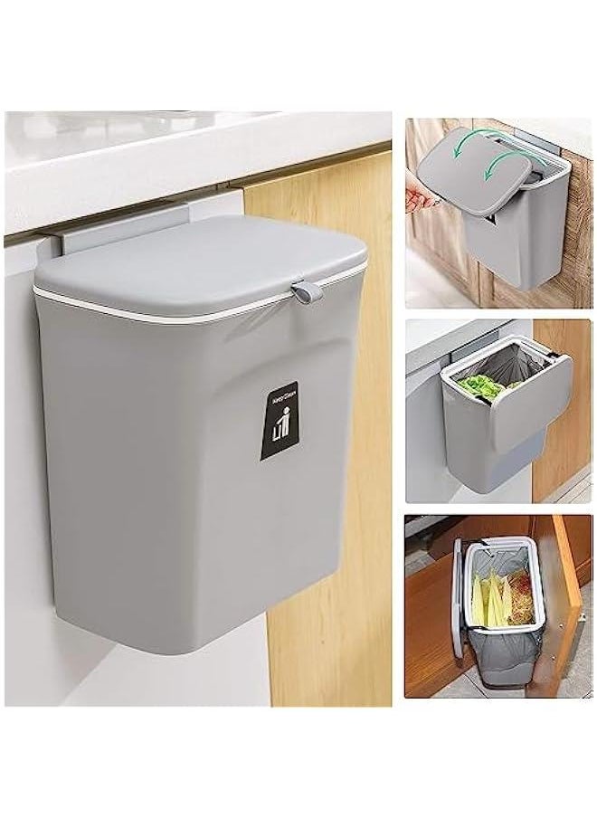 HOOKOR Durku Kitchen Compost Bin,2.4 Gallon Hanging Small Trash Can with Lid for Kitchen Cabinet Door, Under Sink Garbage Can for Bathroom, Wall Mounted Counter Waste Compost Bin (Grey)  - Image 1