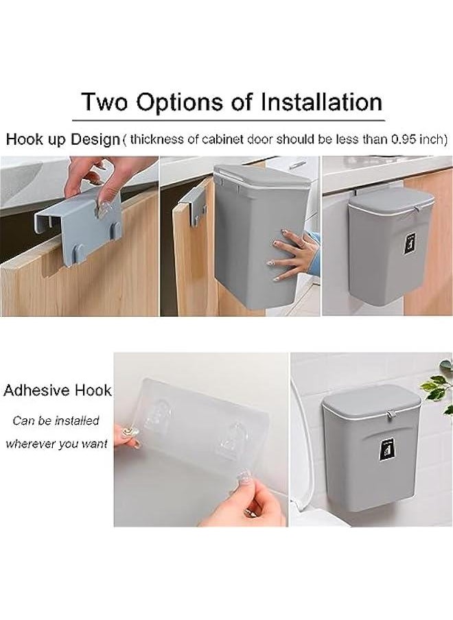 HOOKOR Durku Kitchen Compost Bin,2.4 Gallon Hanging Small Trash Can with Lid for Kitchen Cabinet Door, Under Sink Garbage Can for Bathroom, Wall Mounted Counter Waste Compost Bin (Grey)  - Image 2