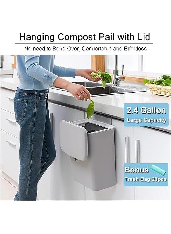 HOOKOR Durku Kitchen Compost Bin,2.4 Gallon Hanging Small Trash Can with Lid for Kitchen Cabinet Door, Under Sink Garbage Can for Bathroom, Wall Mounted Counter Waste Compost Bin (Grey)  - Image 3