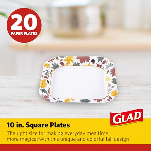 Glad Square Disposable Paper Plates Falling Foliage Pattern Strong Sturdy Soak Proof and Microwavable Decorative Plates for Dinner and Everyday Use 10 Inch 20 Count - Image 5