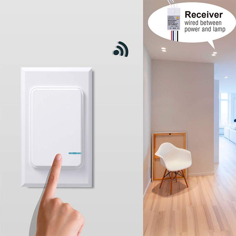 Thinkbee Wireless Light Switch and Receiver Kit, Mini Remote Control Switch with Wall Plate for Ceiling Lights, Lamps, Lighting Fixture, No Wiring No WiFi Needed, Outdoor 1969ft Indoor 328ft RF Range - Image 2