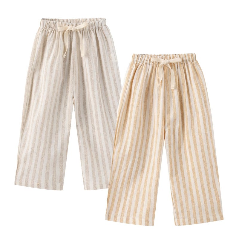 Ashmyova Classic Casual Pants for Boys Thin Cotton Stripe Elastics Waist Spring Summer Trousers Toddler Long Pants 2Pcs Yellow/Khaki Size 2-3 Years - Image 5