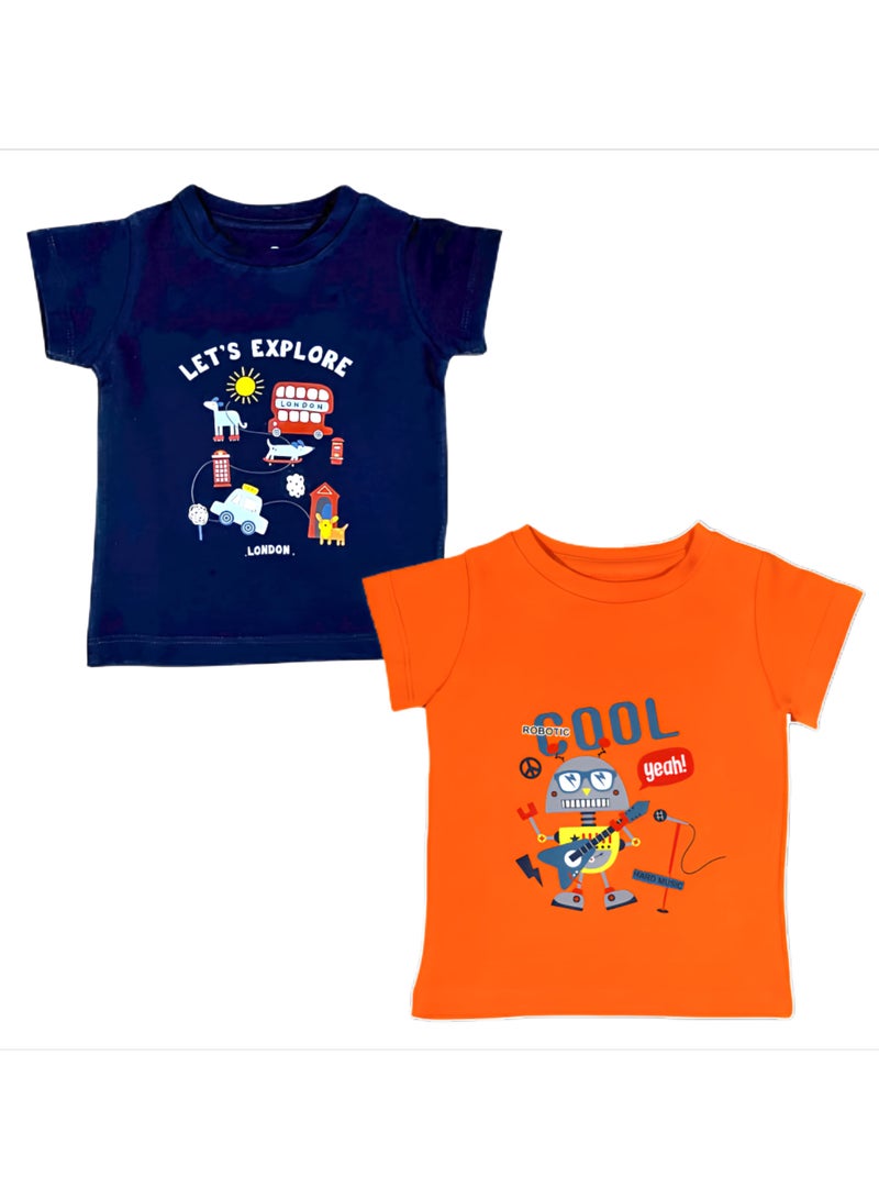 Baby Co. Robot Orange & Let's Explore Navy T-shirts (2 Pack) - Image 1