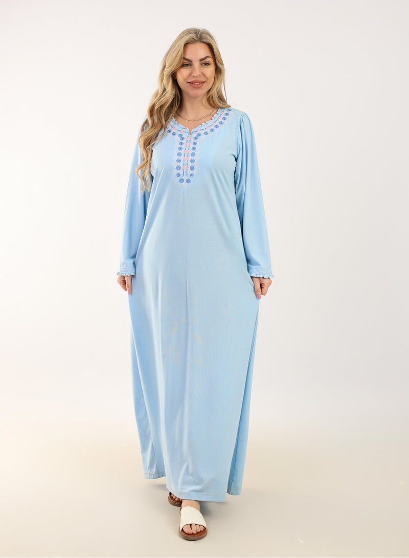 zecotex  Summer Maxi Abaya | Light Blue Embroidered Long Dress | Elegant Long Sleeves | Viscose Maxi Dress | Lightweight Fabric for Maximum Comfort | Women's Loungewear - Image 1