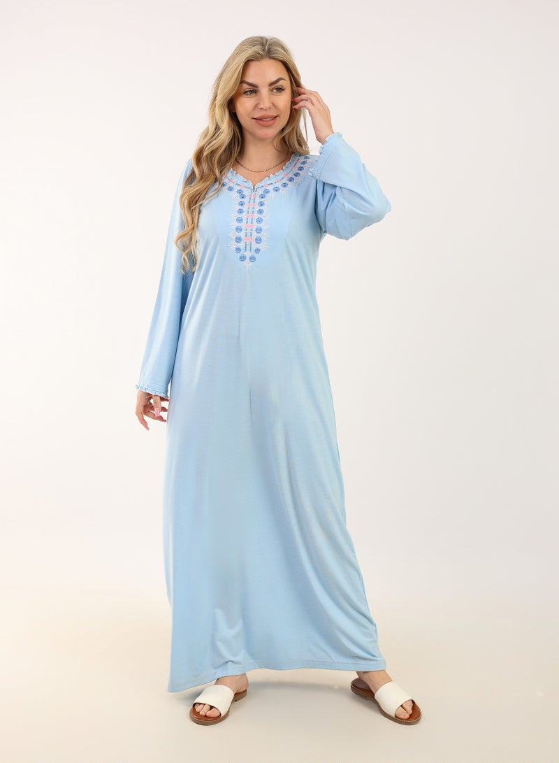 zecotex  Summer Maxi Abaya | Light Blue Embroidered Long Dress | Elegant Long Sleeves | Viscose Maxi Dress | Lightweight Fabric for Maximum Comfort | Women's Loungewear - Image 3