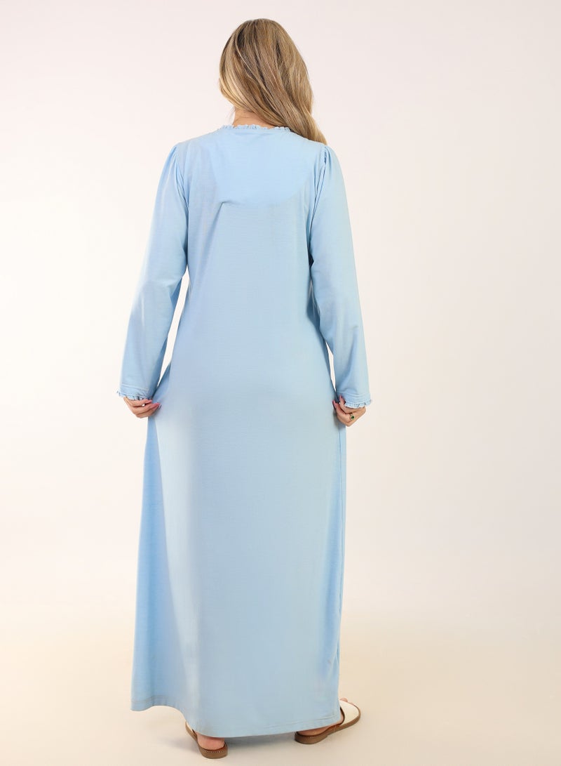 zecotex  Summer Maxi Abaya | Light Blue Embroidered Long Dress | Elegant Long Sleeves | Viscose Maxi Dress | Lightweight Fabric for Maximum Comfort | Women's Loungewear - Image 4