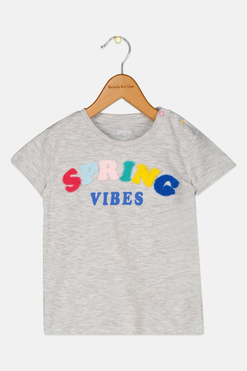 Fox Toddlers Girl Crew Neck Short Sleeve Embroidered Top, Grey - Image 1