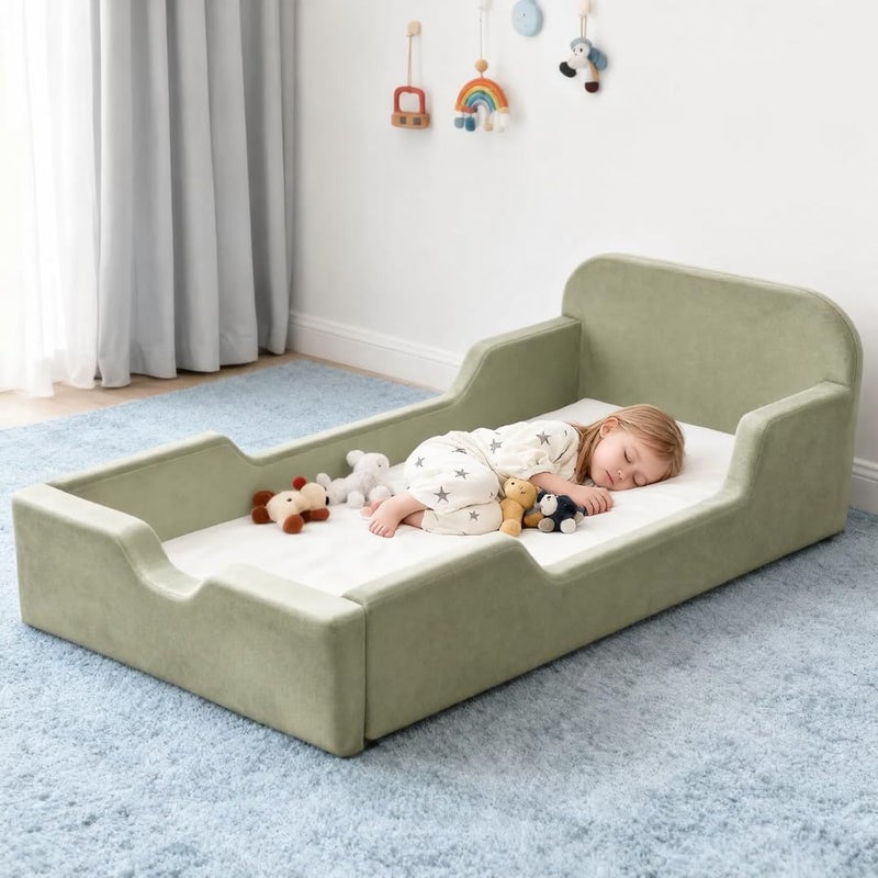 Soft Foam Toddler Bed with Safe Side Guardrails - Sage Green - Image 1