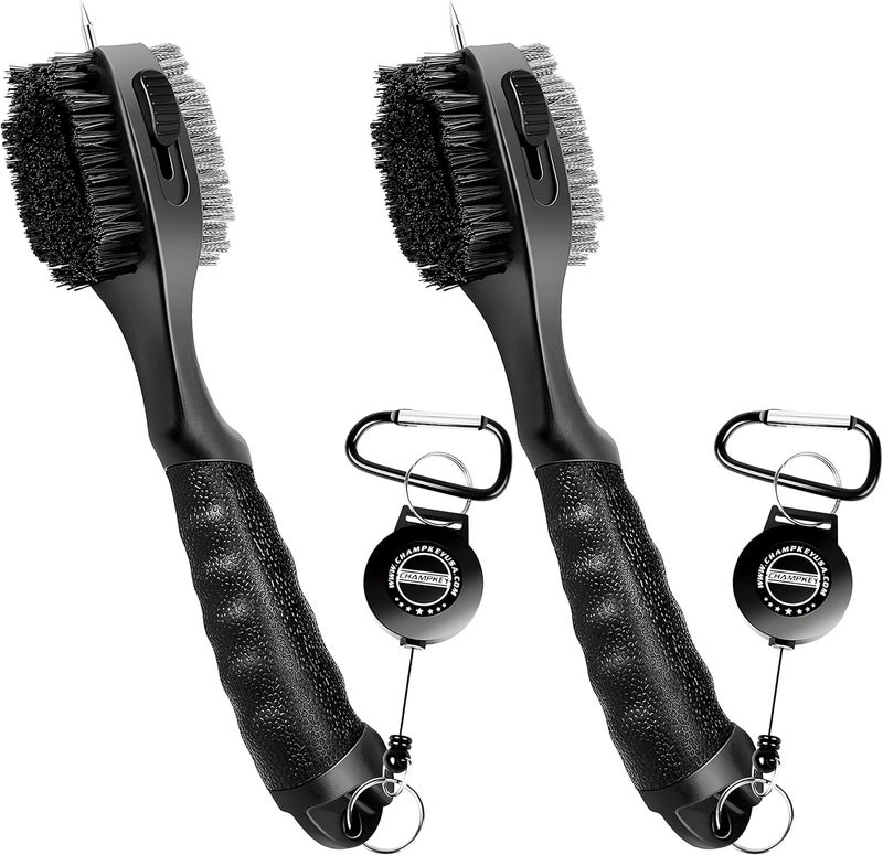 Champkey PRO Retractable Golf Club Brush - Oversized Brush Head with Soft Rubber Hand Grip & Retractable Groove Cleaner Golf Brush(Black(2 Pcs)) - Image 1