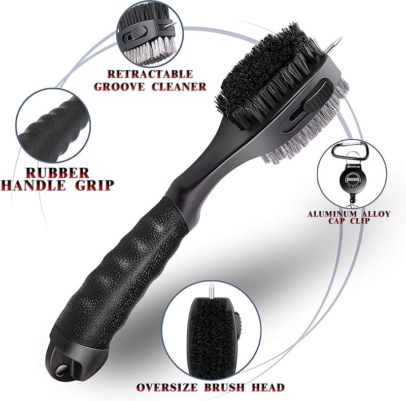 Champkey PRO Retractable Golf Club Brush - Oversized Brush Head with Soft Rubber Hand Grip & Retractable Groove Cleaner Golf Brush(Black(2 Pcs)) - Image 2