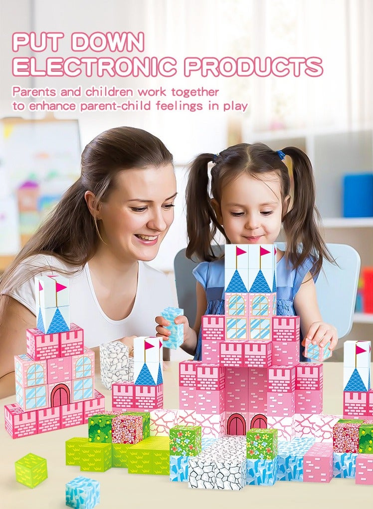 XICEN Magnetic Blocks, 128PCS Magnet Building Cube Toy for Kids, 3D Pink Princess Castle Set For Girls, Montessori Sensory Toys, STEM Stacking Blocks, Construction Toys for Kids Ages 3+ - Image 3