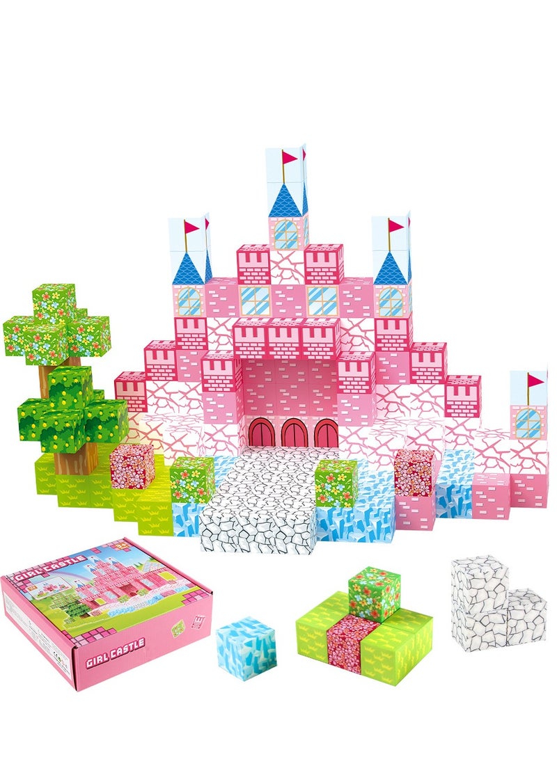 XICEN Magnetic Blocks, 128PCS Magnet Building Cube Toy for Kids, 3D Pink Princess Castle Set For Girls, Montessori Sensory Toys, STEM Stacking Blocks, Construction Toys for Kids Ages 3+ - Image 1
