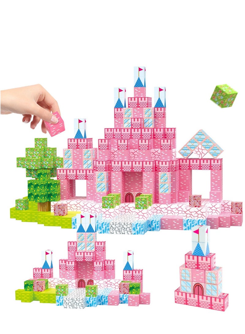 XICEN Magnetic Blocks, 128PCS Magnet Building Cube Toy for Kids, 3D Pink Princess Castle Set For Girls, Montessori Sensory Toys, STEM Stacking Blocks, Construction Toys for Kids Ages 3+ - Image 2