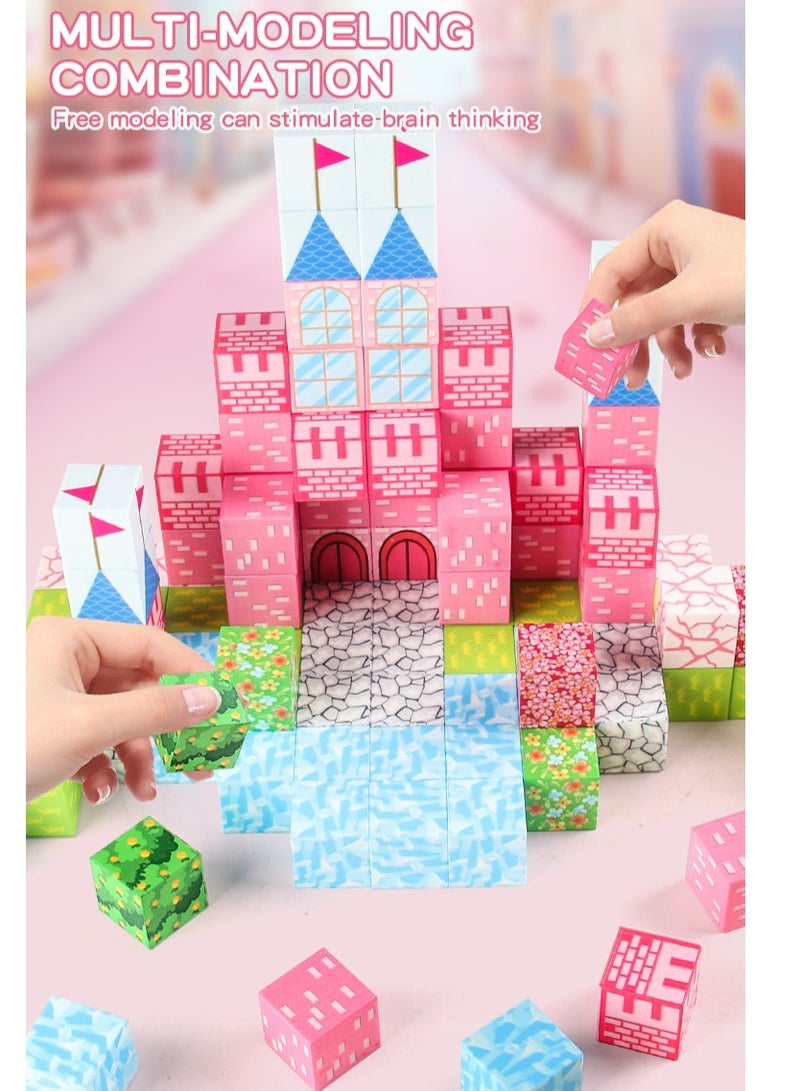 XICEN Magnetic Blocks, 128PCS Magnet Building Cube Toy for Kids, 3D Pink Princess Castle Set For Girls, Montessori Sensory Toys, STEM Stacking Blocks, Construction Toys for Kids Ages 3+ - Image 4