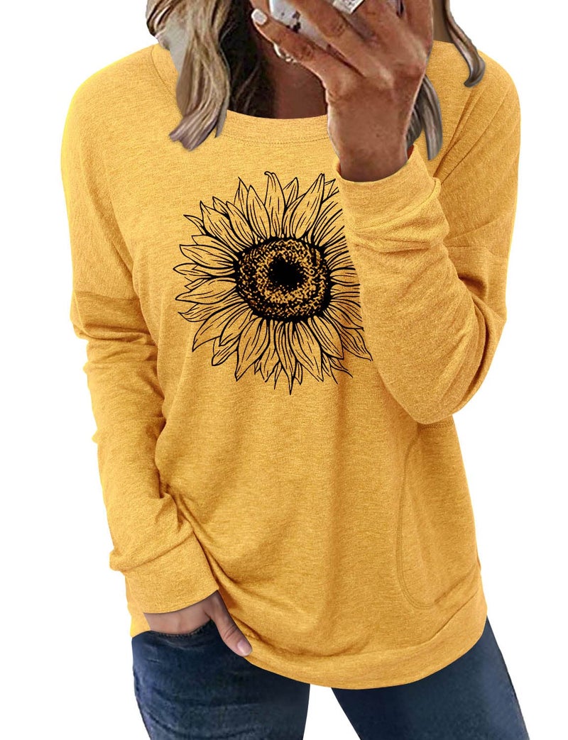 onlypuff Sunflower shirt for Women Graphic Pocket Shirts Yellow Long Sleeve Sweatshirts Tunic Top XXL - Image 4