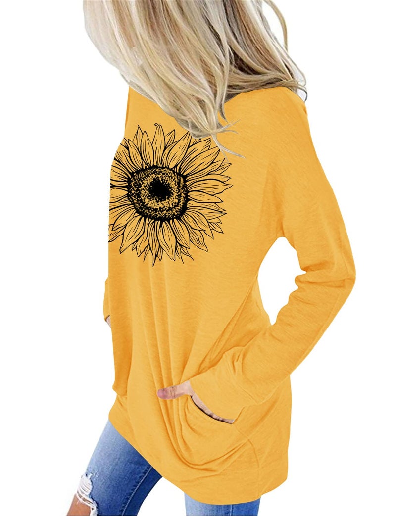 onlypuff Sunflower shirt for Women Graphic Pocket Shirts Yellow Long Sleeve Sweatshirts Tunic Top XXL - Image 3