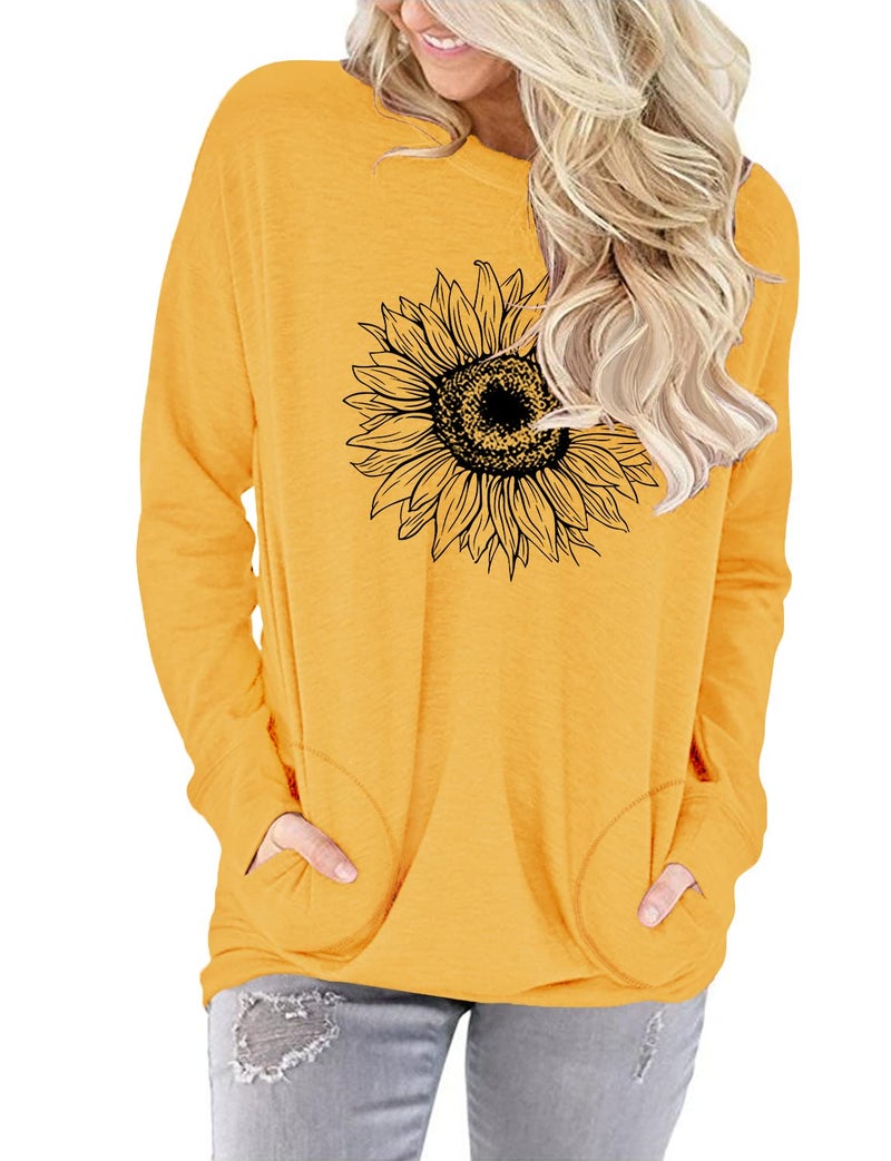onlypuff Sunflower shirt for Women Graphic Pocket Shirts Yellow Long Sleeve Sweatshirts Tunic Top XXL - Image 2