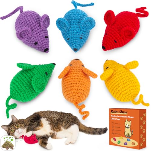Retro Shaw Catnip Toys Crochet Mouse 6 Pcs 100 Natural Catnip Silvervine Blend Yarn Cat Nip Mice Durable HandKnitted Teething Chew Toy for Indoor Cats Kittens Interactive Play Dental Care - Image 1