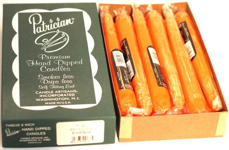 patrician 8in Orange Taper Candles Made in USA 12 Count