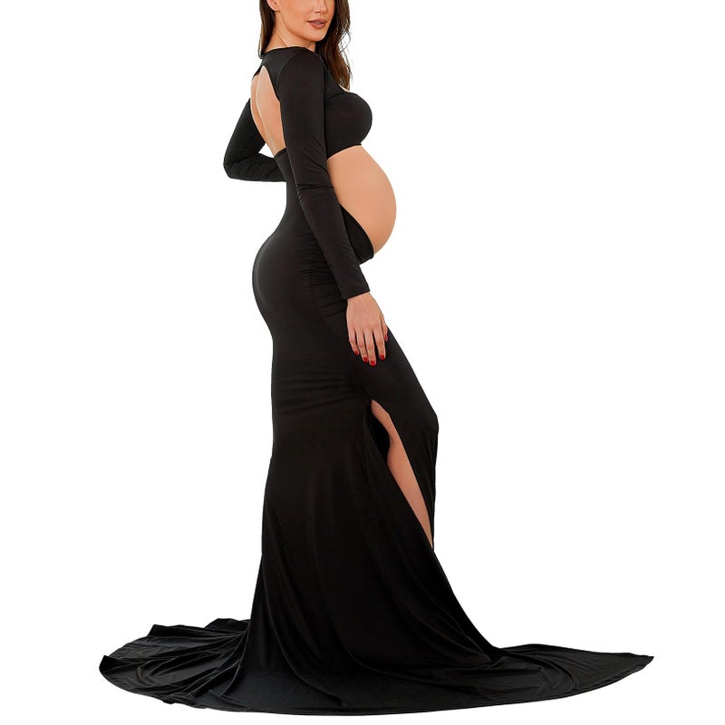 Bhome Maternity Dress for Photoshoot Cut-Out Backless Side Split Maternity Maxi Gown for Photoshoot Black S - Image 1