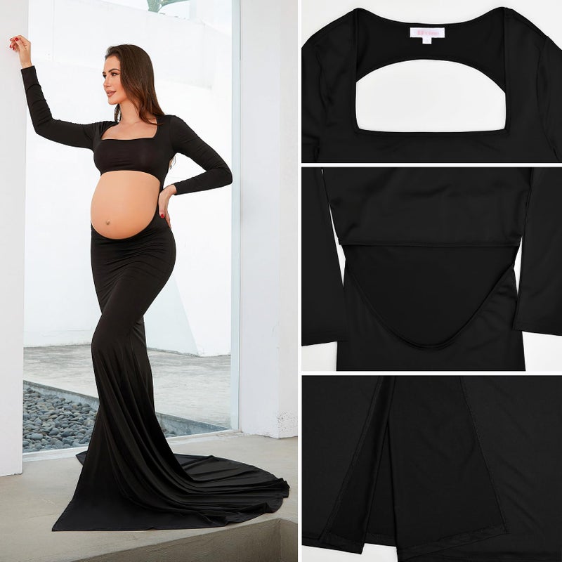 Bhome Maternity Dress for Photoshoot Cut-Out Backless Side Split Maternity Maxi Gown for Photoshoot Black S - Image 5