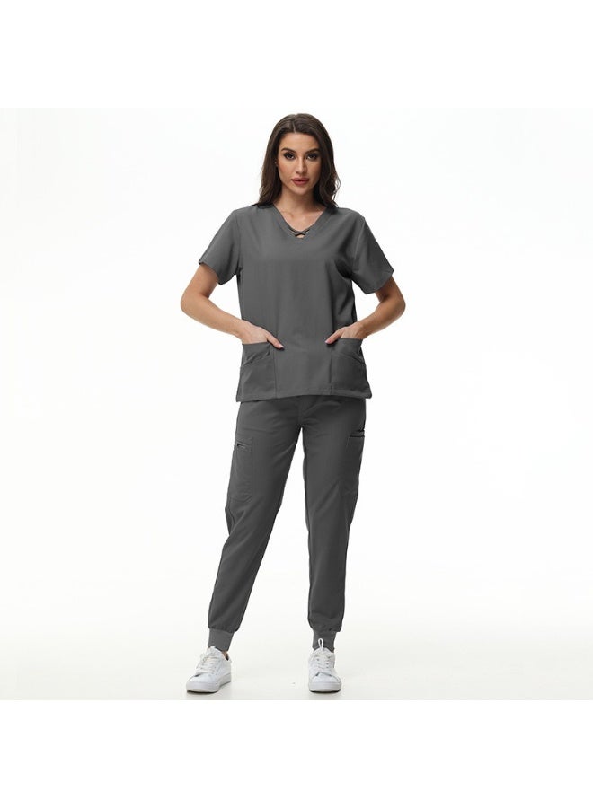 NIBEMINENT Scrubs Jogger Set Women Pet Hospital Doctor Uniform Solid Color Surgical Suits Multiple Pockets V-neck Dentist Clothes - Image 1