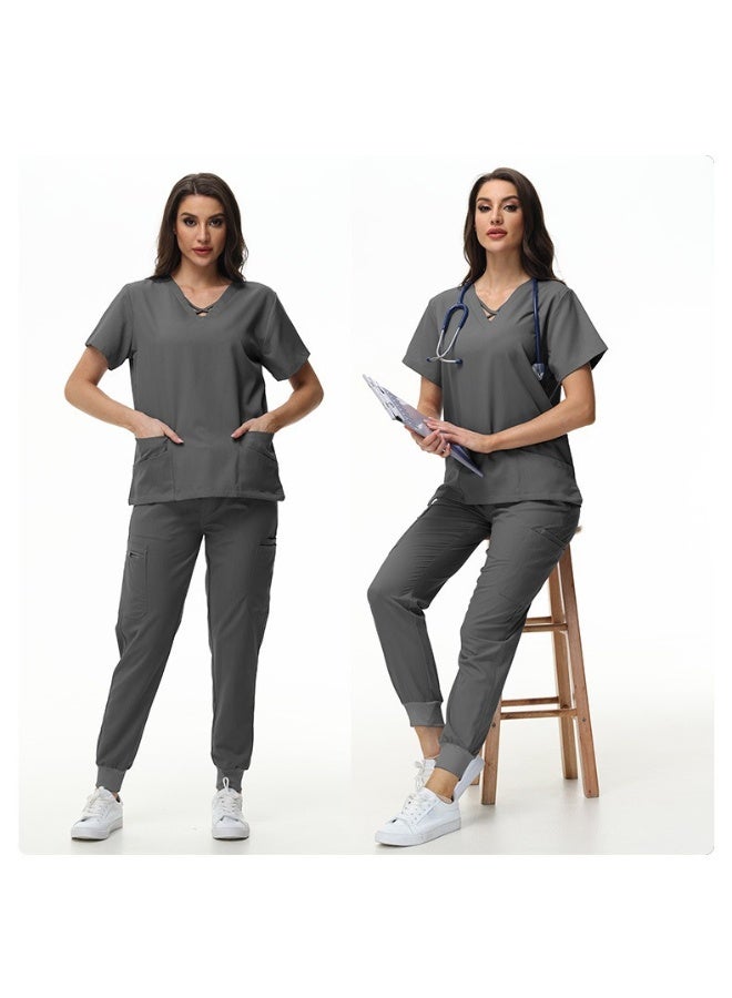 NIBEMINENT Scrubs Jogger Set Women Pet Hospital Doctor Uniform Solid Color Surgical Suits Multiple Pockets V-neck Dentist Clothes - Image 2