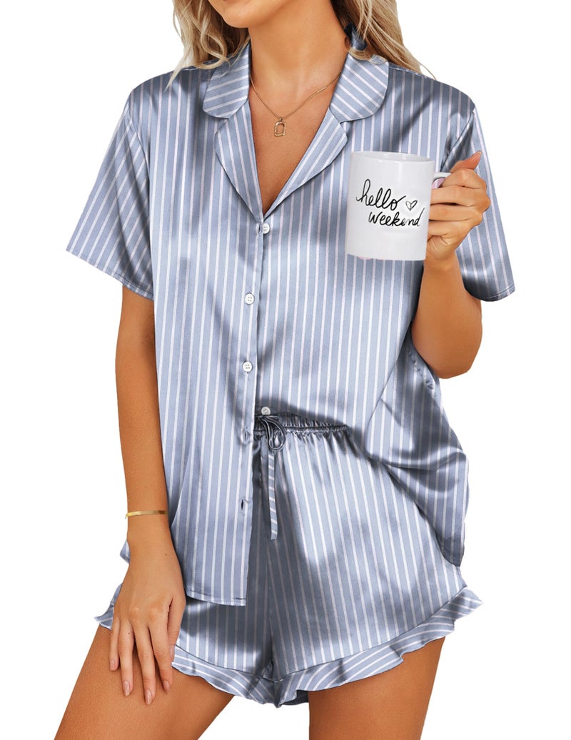 Ekouaer Silk Pajamas Womens Short Sleeve Sleepwear 2 Piece Satin Pjs Shorts Set Button Down Loungewear Striped Grey Blue XL - Image 1