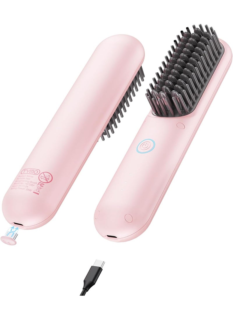 TYMO TYMO Cordless Hair Straightener Brush  Porta ECO Portable Straightening Brush for Travel Mini Hot Ionic Straightener Comb for Women Ceramic Coating Lightweight for Touchups No Charger Pink 