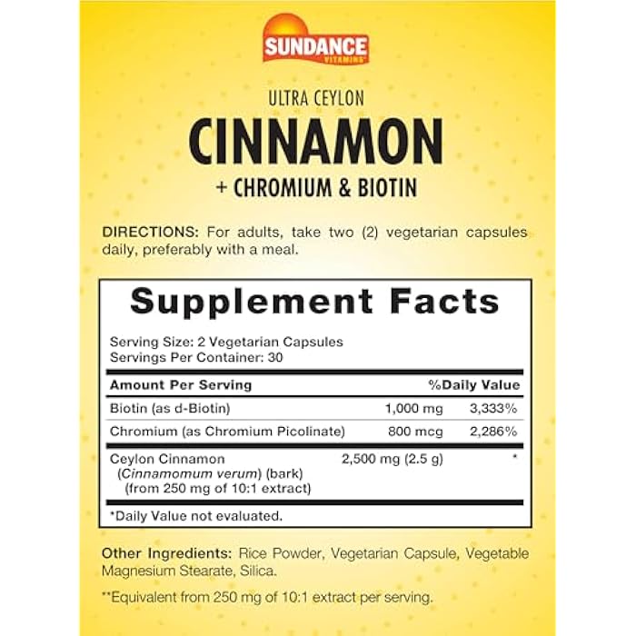 Sundance Ceylon Cinnamon Capsules | 60 Pills | with Chromium and Biotin | Vegetarian, Non-GMO, and Gluten Free Supplement - Image 2