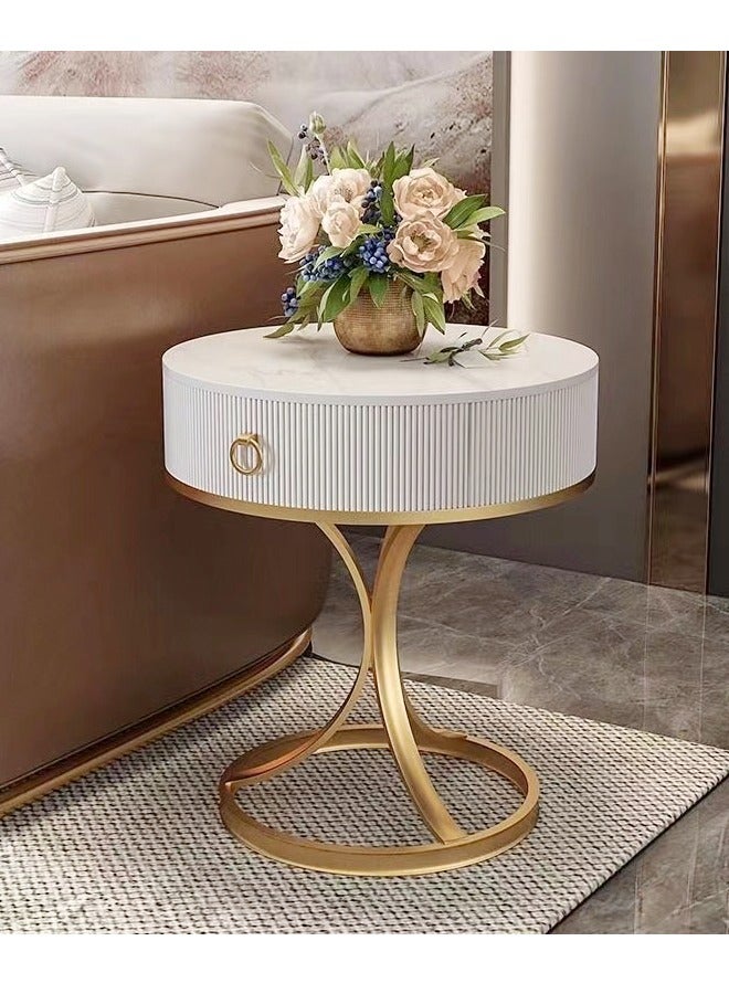 فاشون هوم طاولة جانبية حديثة متعددة الأغراض بتصميم فريد طاولة سرير قوية بقاعدة حديدية مع تخزين درج خشبي لامعة روك لوحة أعلى طاولة قهوة مستديرة لغرفة المعيشة غرفة نوم 50x58 سم (مجمعة بالكامل) - Image 2