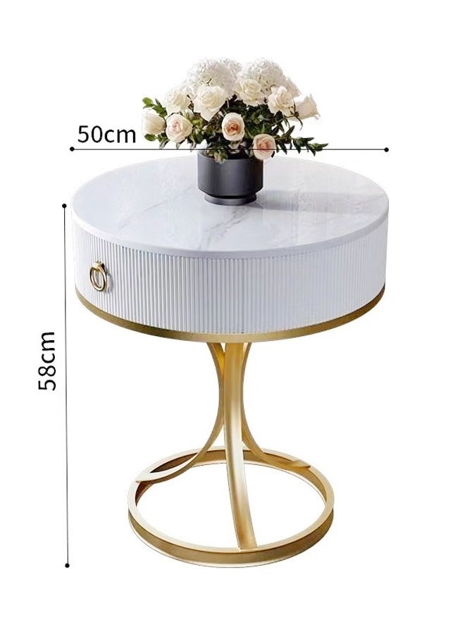 فاشون هوم طاولة جانبية حديثة متعددة الأغراض بتصميم فريد طاولة سرير قوية بقاعدة حديدية مع تخزين درج خشبي لامعة روك لوحة أعلى طاولة قهوة مستديرة لغرفة المعيشة غرفة نوم 50x58 سم (مجمعة بالكامل) - Image 3