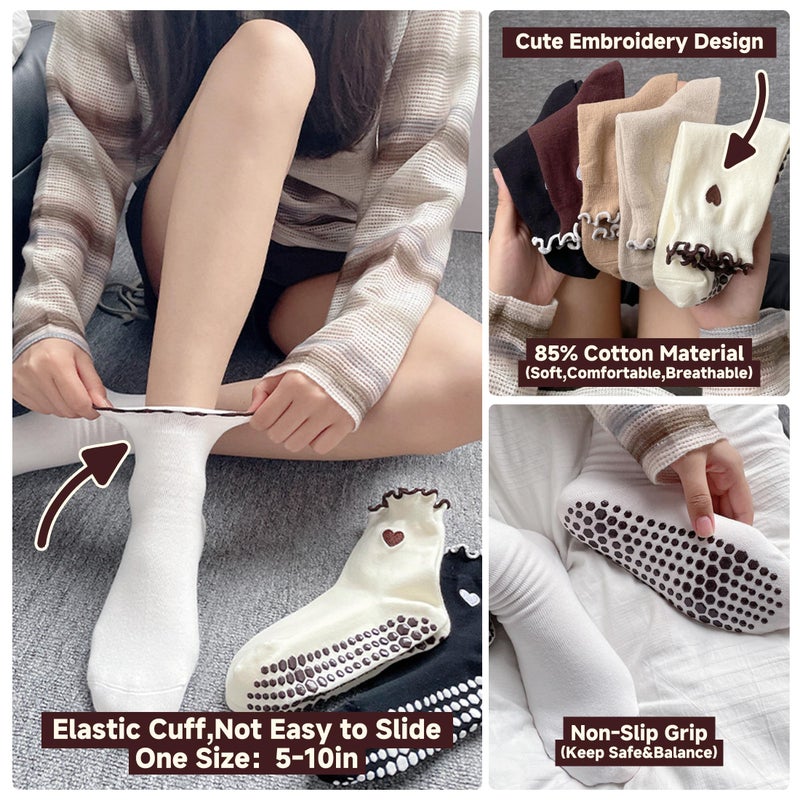 DZSoCoki Grip Socks Pilates,4/6Pairs Cotton Cute Pilates Socks for Women, Ruffle Grippy Sock for Yoga Barre Hospital 5-10in (6PairsHeart-Black+White+khaki+Beige+ Dark Brown+ Coffee) - Image 3
