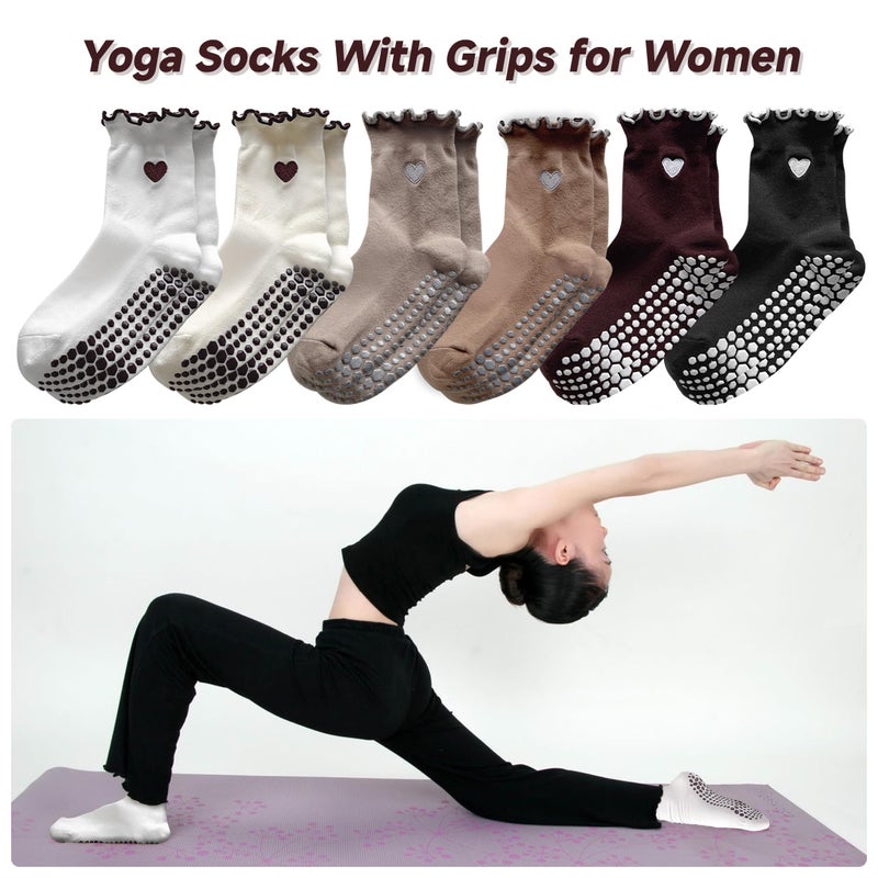 DZSoCoki Grip Socks Pilates,4/6Pairs Cotton Cute Pilates Socks for Women, Ruffle Grippy Sock for Yoga Barre Hospital 5-10in (6PairsHeart-Black+White+khaki+Beige+ Dark Brown+ Coffee) - Image 5