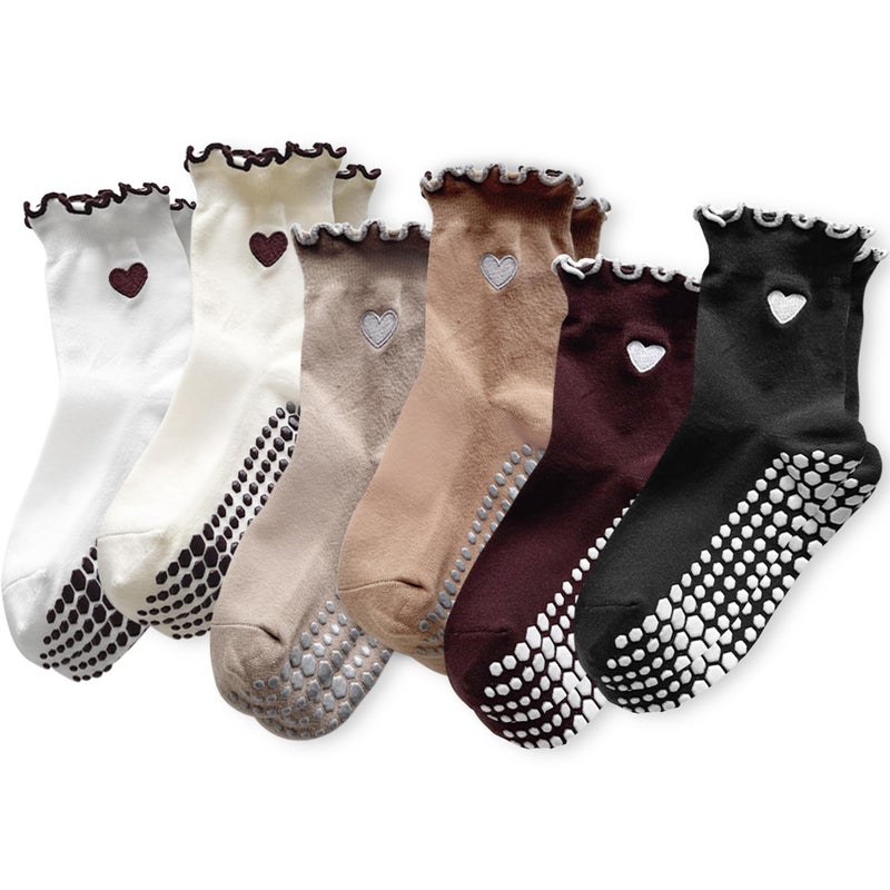 DZSoCoki Grip Socks Pilates,4/6Pairs Cotton Cute Pilates Socks for Women, Ruffle Grippy Sock for Yoga Barre Hospital 5-10in (6PairsHeart-Black+White+khaki+Beige+ Dark Brown+ Coffee) - Image 1