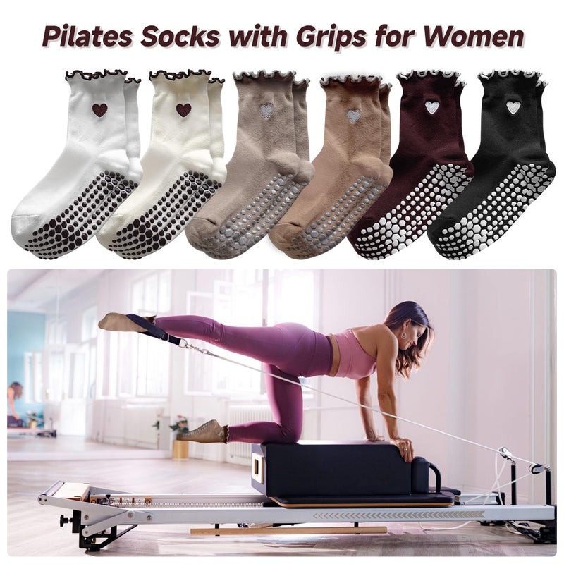 DZSoCoki Grip Socks Pilates,4/6Pairs Cotton Cute Pilates Socks for Women, Ruffle Grippy Sock for Yoga Barre Hospital 5-10in (6PairsHeart-Black+White+khaki+Beige+ Dark Brown+ Coffee) - Image 4