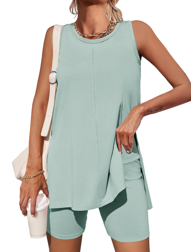 Esobo Women's Summer 2 Piece Outfits Sleeveless High Low Spilt Hem Tank Top Biker Shorts Sets Lounge Set Tracksuit - Image 1
