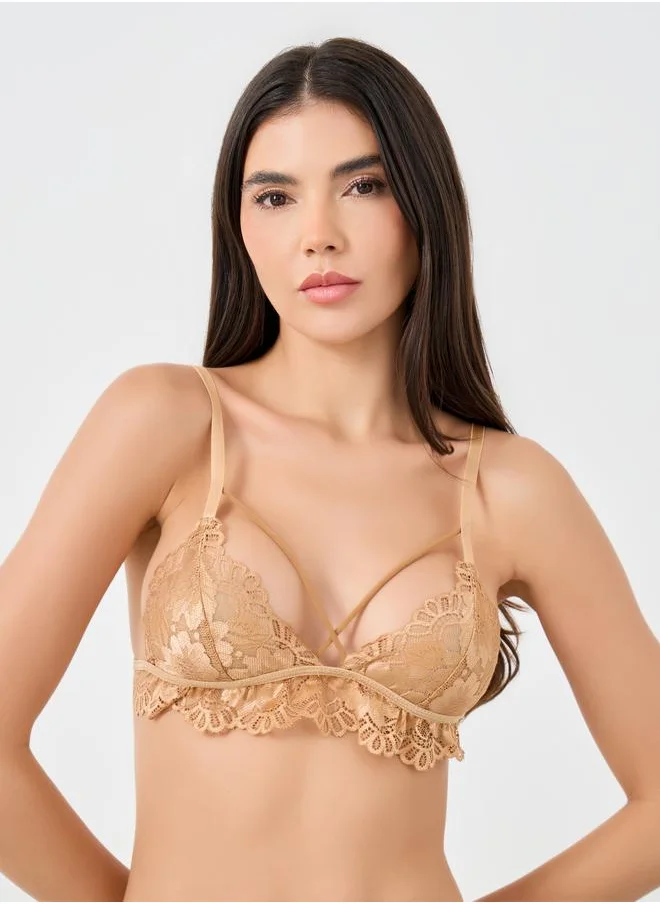 Take Two Take Two Women Floral Embroidered Lace Trim Wireless Bra with Thong, Garters and Suspender Set