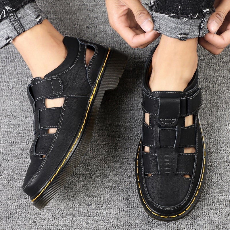 Men's Genuine Leather Casual Sandals with Toe Cap and Velcro - Image 3