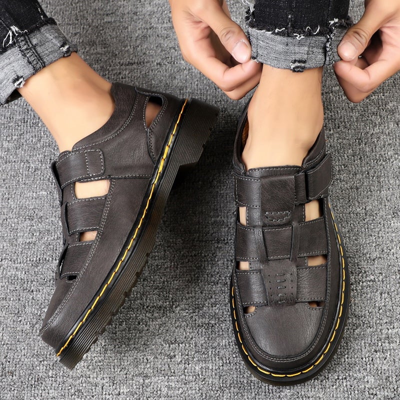 Men's Genuine Leather Casual Sandals with Toe Cap and Velcro - Image 4
