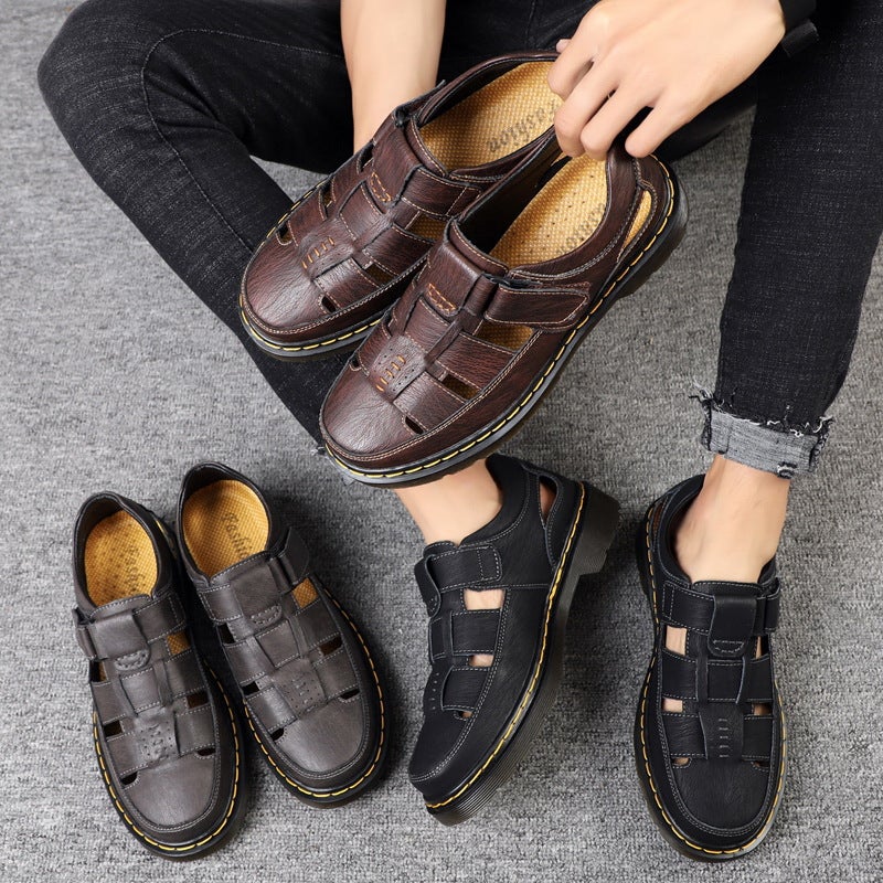 Men's Genuine Leather Casual Sandals with Toe Cap and Velcro - Image 2