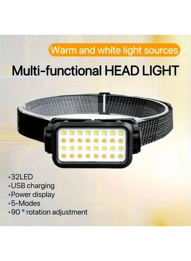 Black Headlamp 32 LED USB Rechargeable 5 Modes Power Display 90 Adjustable for Camping - Image 2