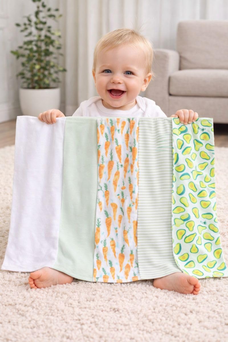 TuddyBuddy Baby Burp Cloth Towel Napkins for Baby Large 17x12 Inches, Fine Double Layer 100% Cotton (5 Pcs Burp Towels, Carrots & Avacado) - Image 3