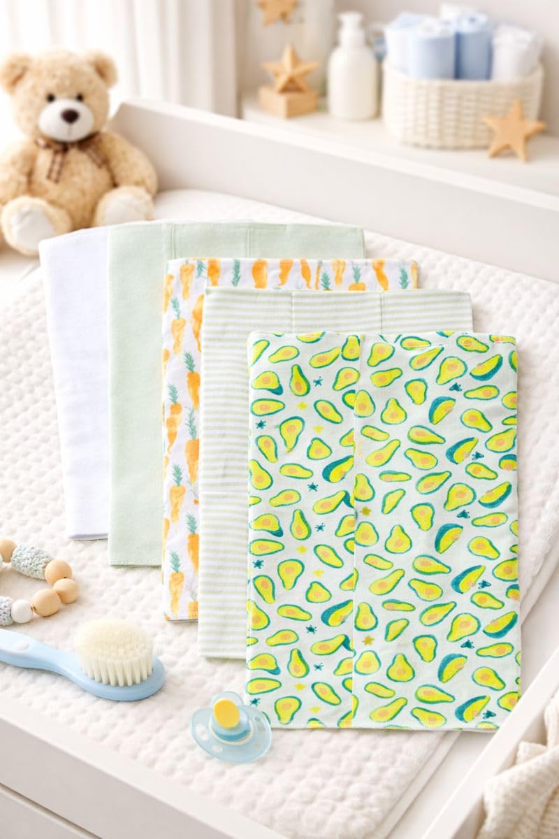 TuddyBuddy Baby Burp Cloth Towel Napkins for Baby Large 17x12 Inches, Fine Double Layer 100% Cotton (5 Pcs Burp Towels, Carrots & Avacado) - Image 1