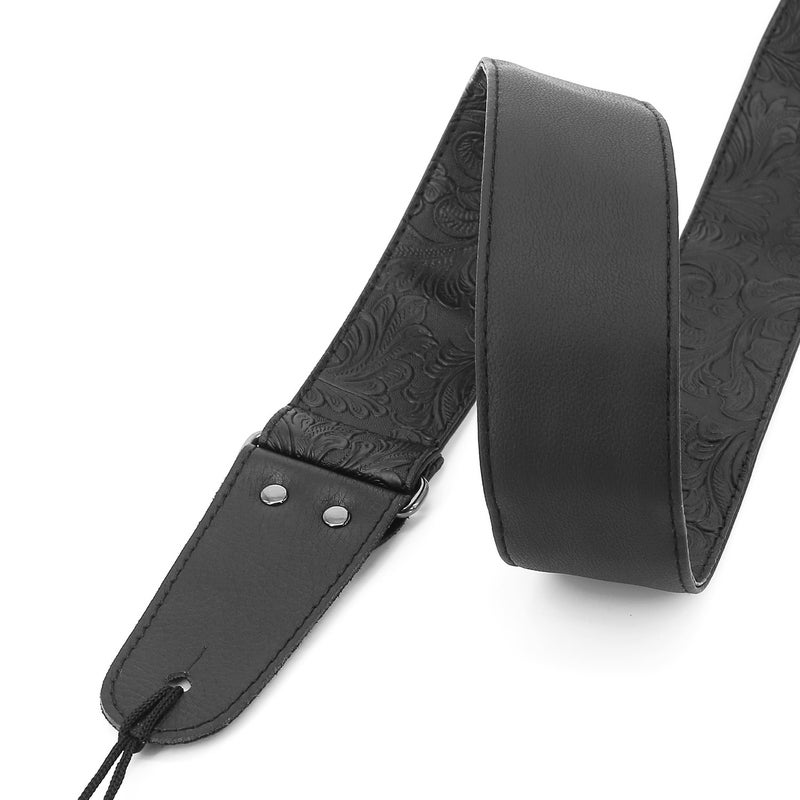 Anwenk Guitar Strap, Printed Leather Guitar Strap PU Leather Western Vintage 60's Retro Guitar Strap with Genuine Leather Ends for Electric Bass Guitar,Wide Adjustment Range, with Tie,Include 2 Picks,Black - Image 3