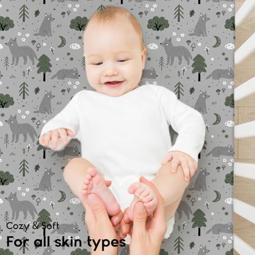 YOOFOSS شراشف يوفس لسرير اللعب، شراشف سرير ميني 2-Pack لماتريس سرير اللعب، شراشف مرنة، ناعمة وقابلة للتنفس رمادي-أخضر+ثعلب - Image 4