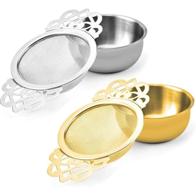 Silk Route Tea Strainer Bowl 2 Pack Stainless Steel Tea Strainers For Loose Tea Fine Mesh Fit 254 Inch Cup Mouth Silver  Gold - Image 2