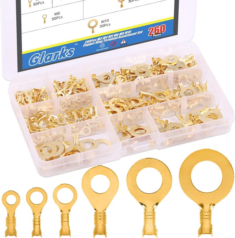 Glarks 260Pcs M3 M4 M5 M6 M8 M10 Copper Ring Terminal Assortment Set Non-Insulated Copper Ring Lugs Open Barrel Wire Crimp Connectors Kit - Image 1