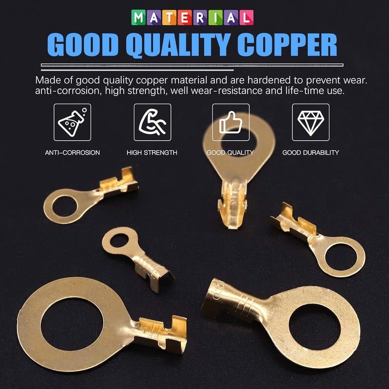 Glarks 260Pcs M3 M4 M5 M6 M8 M10 Copper Ring Terminal Assortment Set Non-Insulated Copper Ring Lugs Open Barrel Wire Crimp Connectors Kit - Image 3