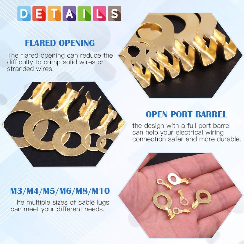 Glarks 260Pcs M3 M4 M5 M6 M8 M10 Copper Ring Terminal Assortment Set Non-Insulated Copper Ring Lugs Open Barrel Wire Crimp Connectors Kit - Image 4